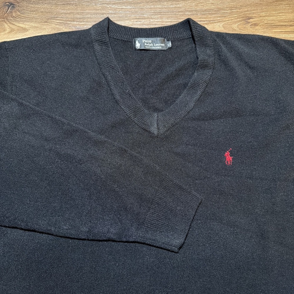 Polo Ralph Lauren Mens‎ LARGE Black Label Sweater 100% Cashmere V-Neck Black Red